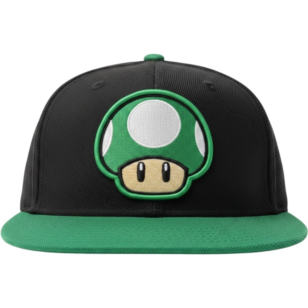 Nintendo Super Mario 1Up Mushroom Hat Flex Fitted Black Green Cap Kidcore Gaming